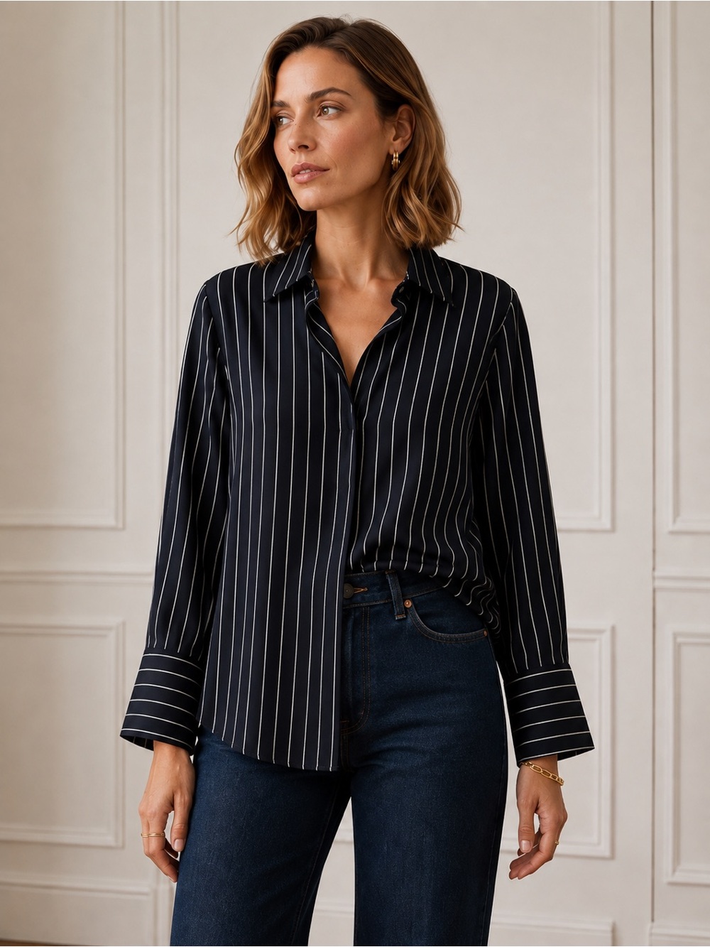 Lauren Ralph Lauren 100% Silk Striped Button Up Blouse 18W